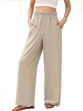 Smocked Waist Wide Leg Pants in Almond